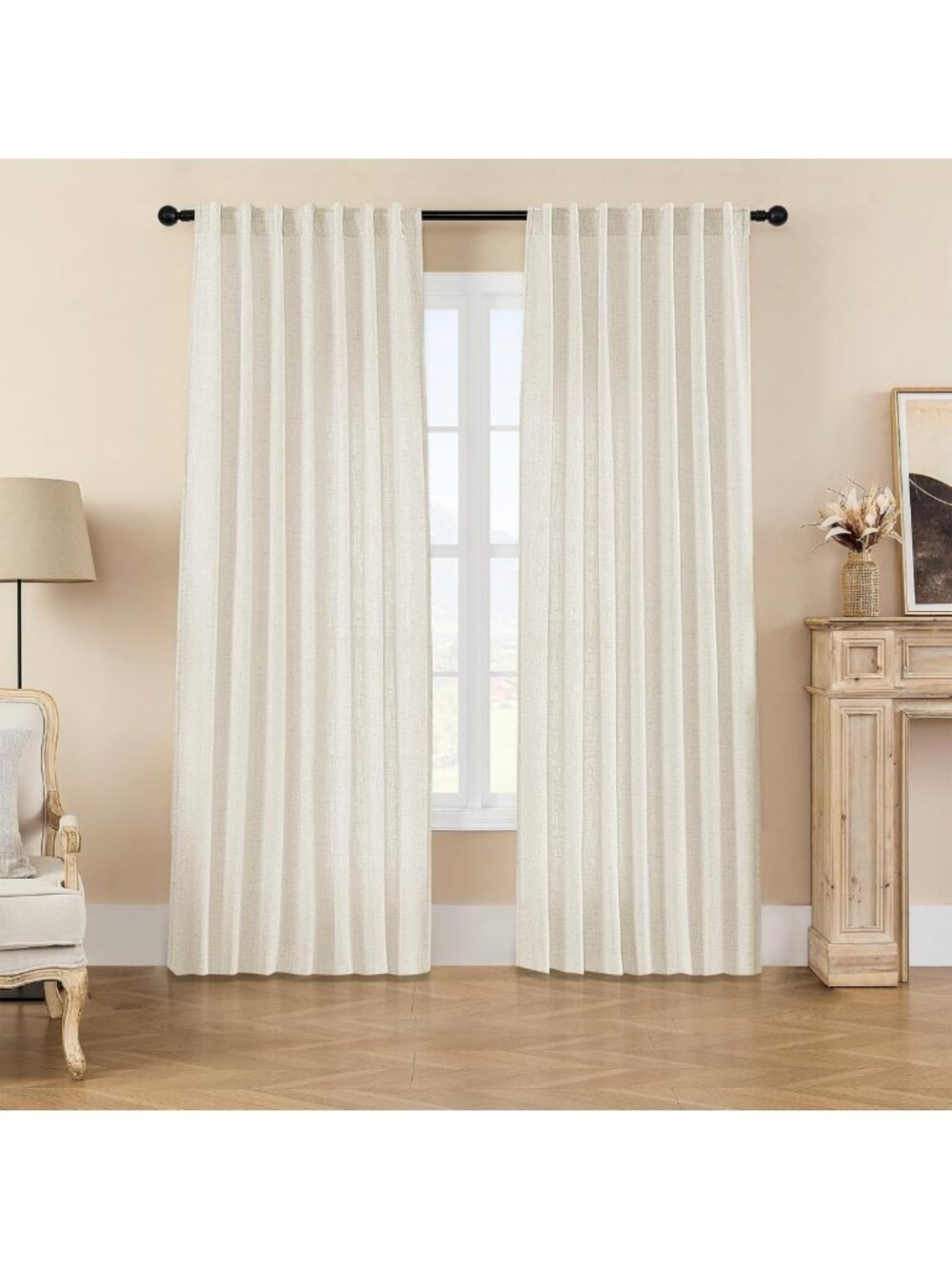Light Filtering Linen Curtains 2 Panel Set, Ivory Cream Drapes for Living Room